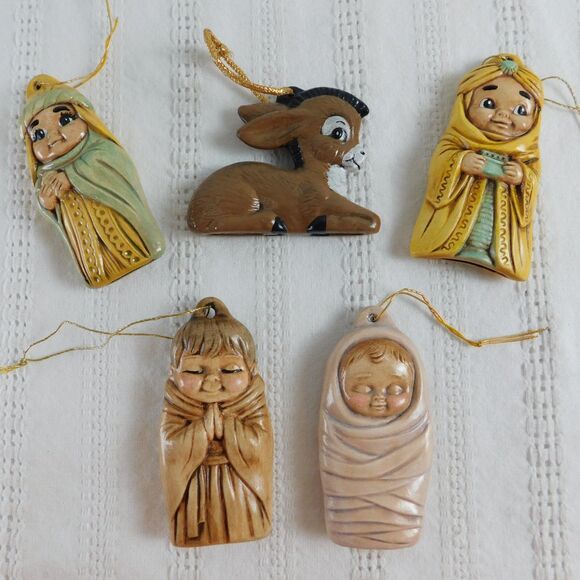 Vintage Nativity Christmas Flat Ornament Set of 5 Jesus Joseph Wiseman Donkey - Picture 2 of 16